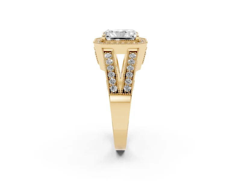 Radiant Cut Vintage Milgrain Halo Engagement Ring Setting | Pave Split Shank | Yellow Gold