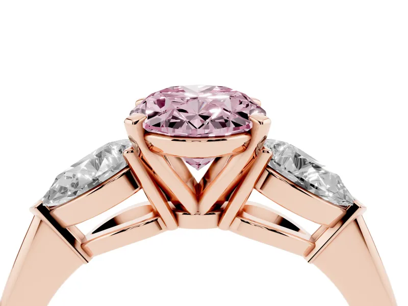 Oval Three-Stone Ring Setting for a Fancy Pink Lab-Grown Diamond | Pear Side Stones | Rose Gold