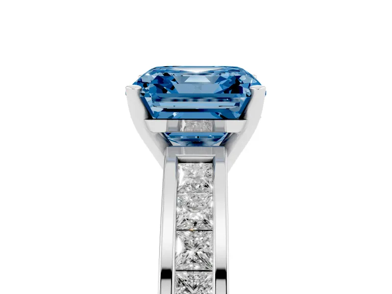 Fancy Blue Asscher Cut Diamond Solitaire Ring Set in White gold with Channel-Set Band and Prong Setting