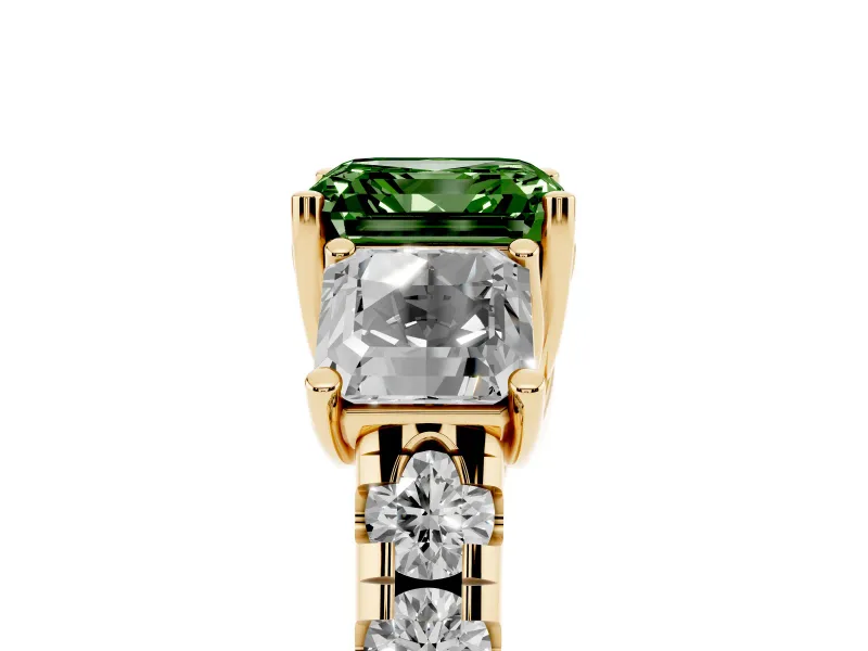 Asscher Cut Three Stone Engagement Ring Setting for a Fancy Green Lab-Grown Diamond | Accented Shoulders | Yellow Gold