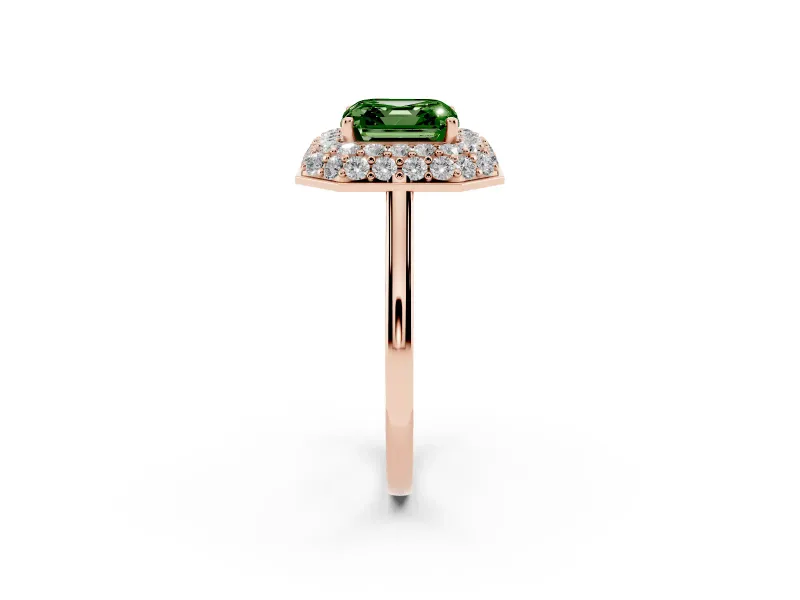 Fancy Green Asscher Cut Diamond Halo Engagement Ring Set in Rose gold with Solitaire Band and Prong Setting