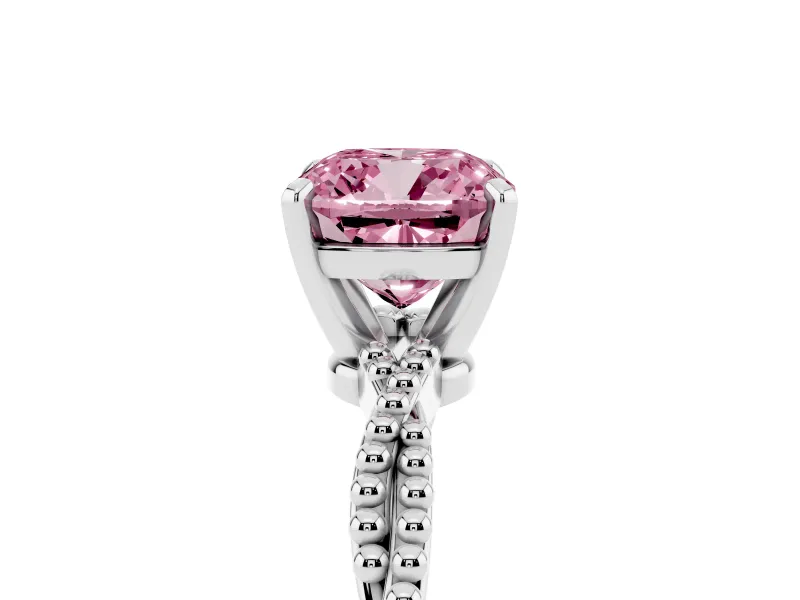 Fancy Pink Cushion Cut Diamond Solitaire Ring Set in White gold with Twisted Band and Bead Prong Setting