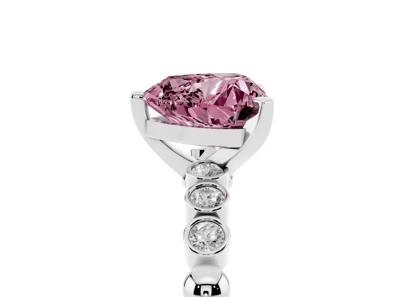 Fancy Pink Heart Cut Diamond Solitaire Engagement Ring Set in Silver with Bezel Accents on Beaded Band