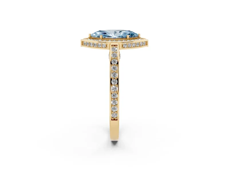 Fancy Blue Marquise Cut Diamond Halo Pavé Split Shank Ring Set in Yellow gold with Prong Setting