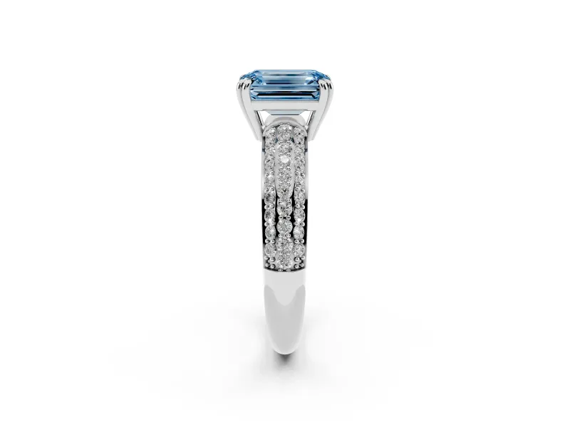 Emerald Cut Three Row Pave Engagement Ring Setting for a Fancy Blue Lab-Grown Diamond | White Gold