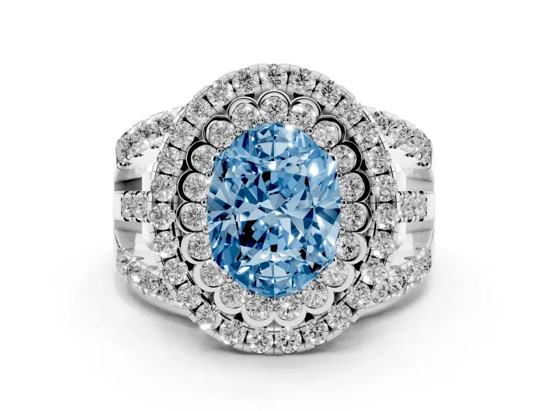 Fancy Blue Oval Cut Diamond Double Halo Ring Set in Silver with Round Pavé Split Shank