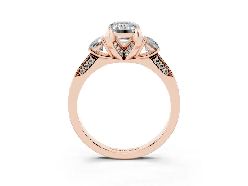 Emerald Cut Hidden Halo Three Stone Engagement Ring Setting | Pave Gallery | Rose Gold