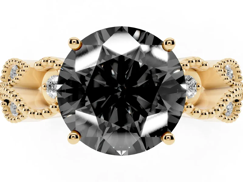 Fancy Black Round Cut Diamond Milgrain Leaf Band Solitaire Ring Set in Yellow gold with Accent Stones and Prong Setting