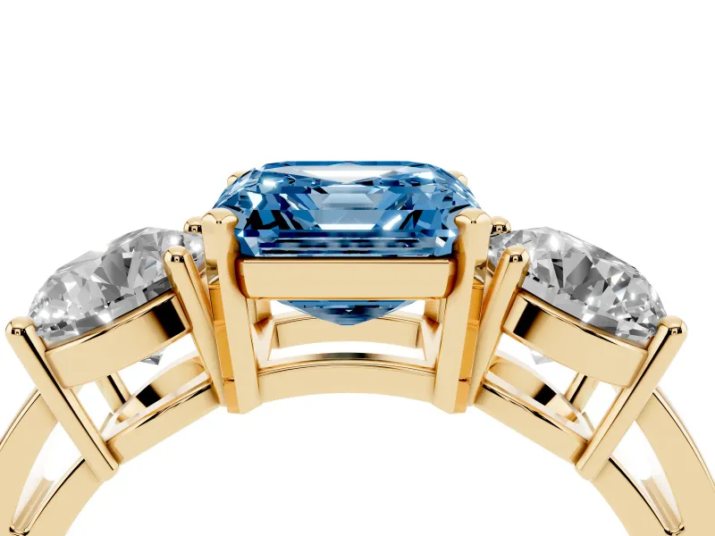 Asscher Cut Three Stone Engagement Ring Setting for a Fancy Blue Lab-Grown Diamond | Wide Plain Band | Yellow Gold