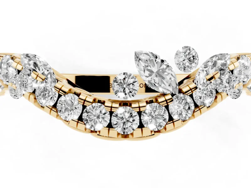 Round Diamond Curved Wedding Band Set in Yellow gold with Pavé Shared Prong Setting