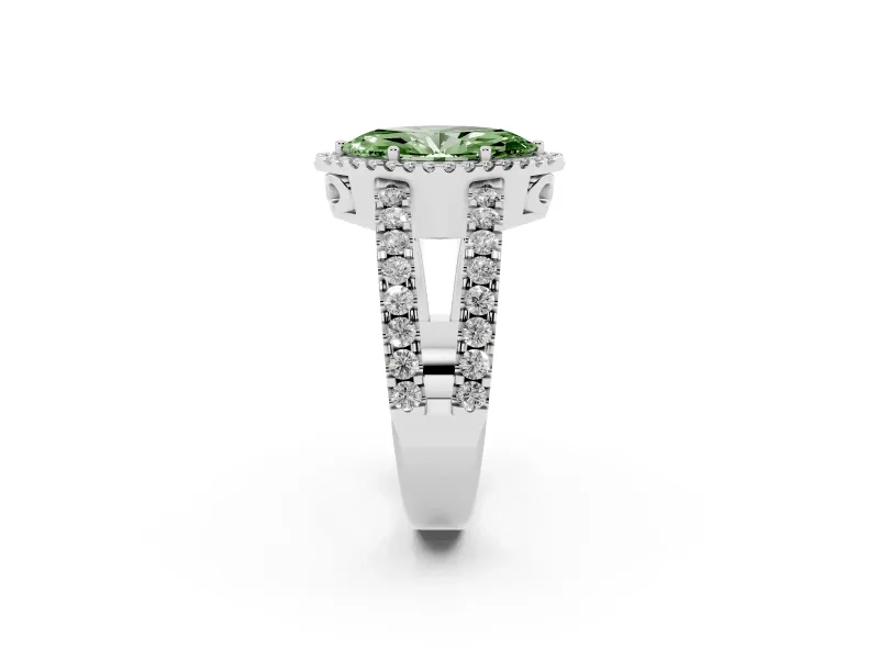 Fancy Green Marquise Cut Diamond Halo Ring Set in White gold with Pavé Split Shank and Prong Setting