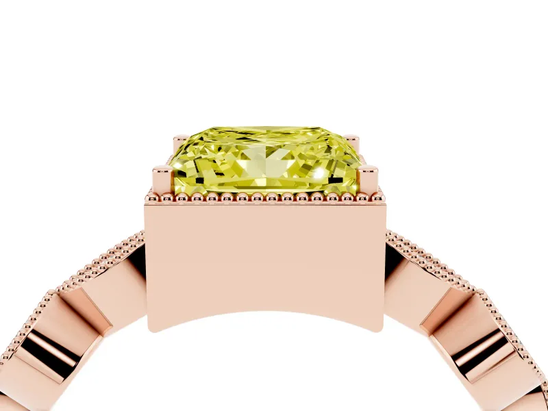Fancy Yellow Princess Cut Diamond Vintage-Inspired Milgrain Ring Set in Rose gold with Marquise Stations of Round Accents