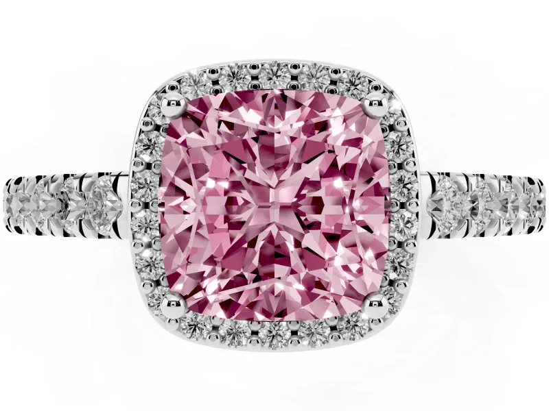 Fancy Pink Cushion Cut Diamond Halo Engagement Ring Set in White gold with Pavé Band and Prong Setting