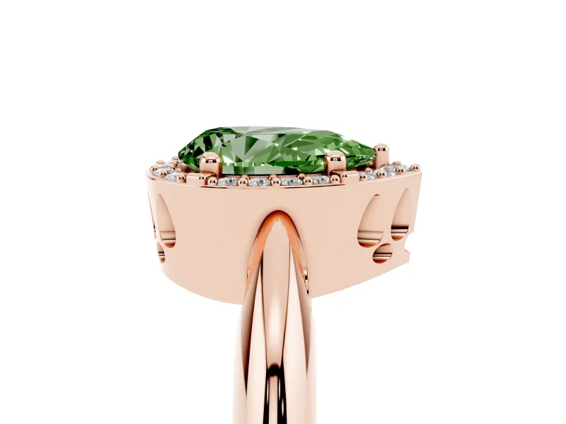 Fancy Green Pear Cut Diamond Halo Engagement Ring Set in Rose gold with Plain Split Shank and Prong Setting