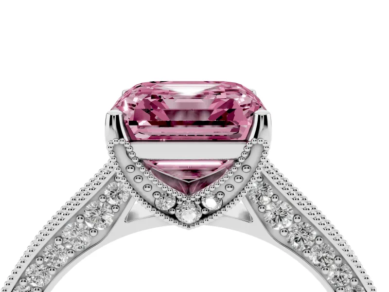 Asscher Cut Hidden Halo Engagement Ring Setting for a Fancy Pink Lab-Grown Diamond | Milgrain Pave | White Gold