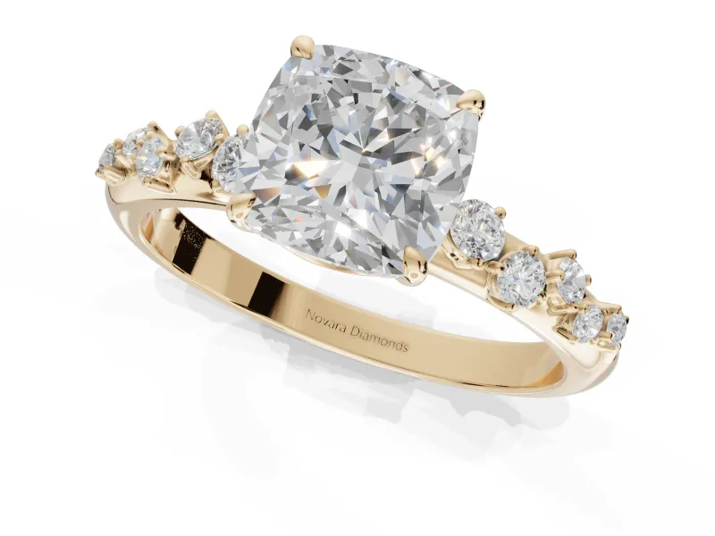 Cushion Cut Solitaire Engagement Ring Setting | Graduated Scattered Accents | Yellow Gold