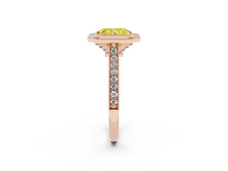 Radiant Cut Vintage Milgrain Halo Engagement Ring Setting for a Fancy Yellow Lab-Grown Diamond | Bezel Head | Rose Gold