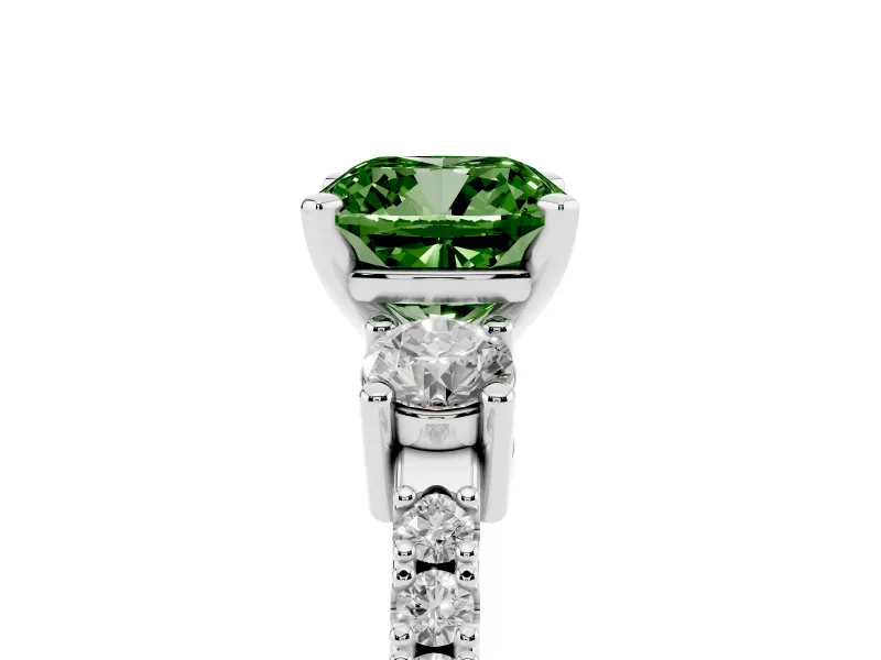 Fancy Green Three-Stone Cushion Cut Diamond Pavé Band Ring Set in White gold with Prong Setting