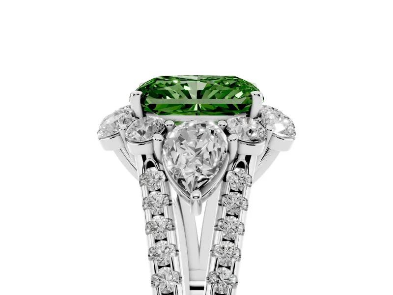 Fancy Green Radiant Cut Diamond Halo Split Shank Engagement Ring Set in Platinum with Prong-Held Center Stone