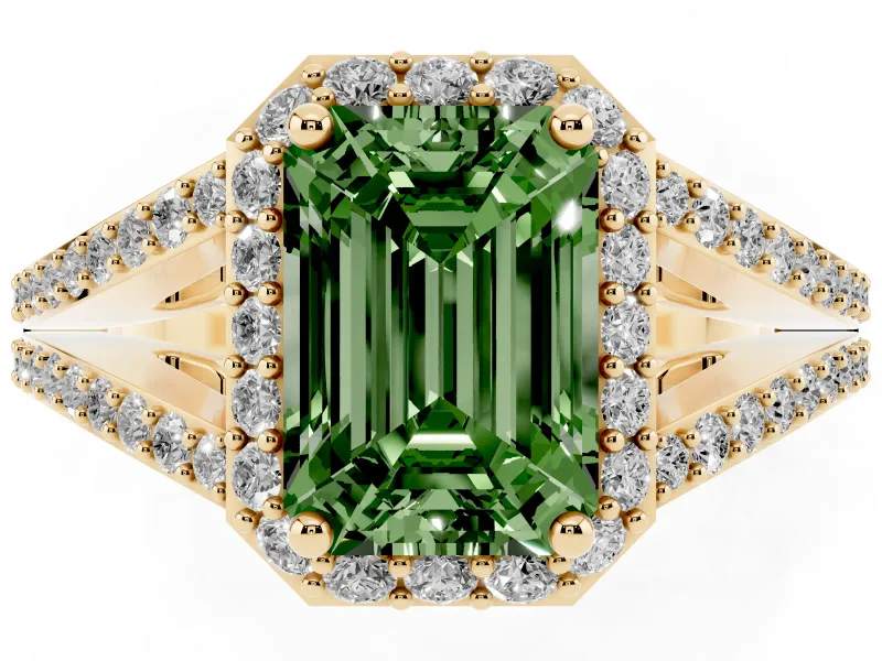 Emerald Cut Halo Engagement Ring Setting for a Fancy Green Lab-Grown Diamond | V-Split Pavé Band | Yellow Gold