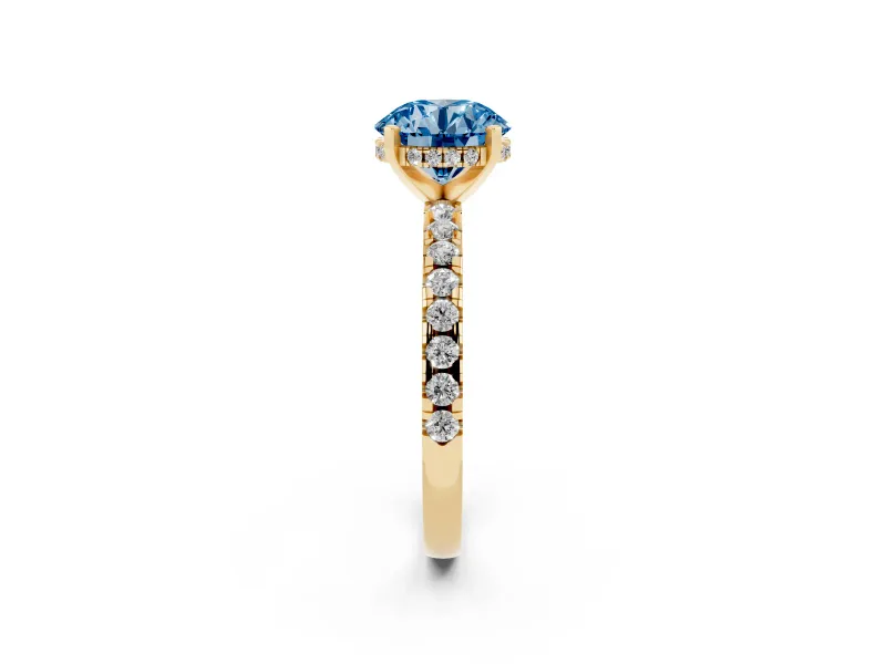 Round Hidden Halo Solitaire Engagement Ring Setting for a Fancy Blue Lab-Grown Diamond | Pave Band | Yellow Gold