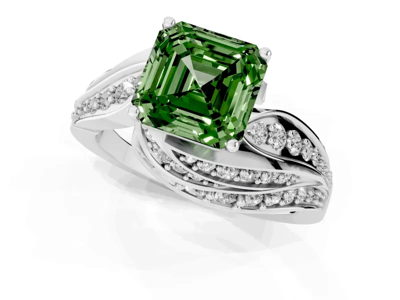 Asscher Cut Bypass Pavé Engagement Ring Setting for a Fancy Green Lab-Grown Diamond | Graduated Pavé | Sterling Silver