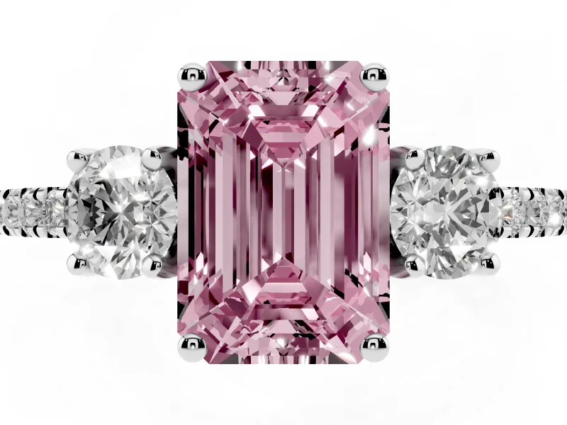 Emerald Cut Three Stone Engagement Ring Setting for a Fancy Pink Lab-Grown Diamond | Pave Shoulders | Sterling Silver