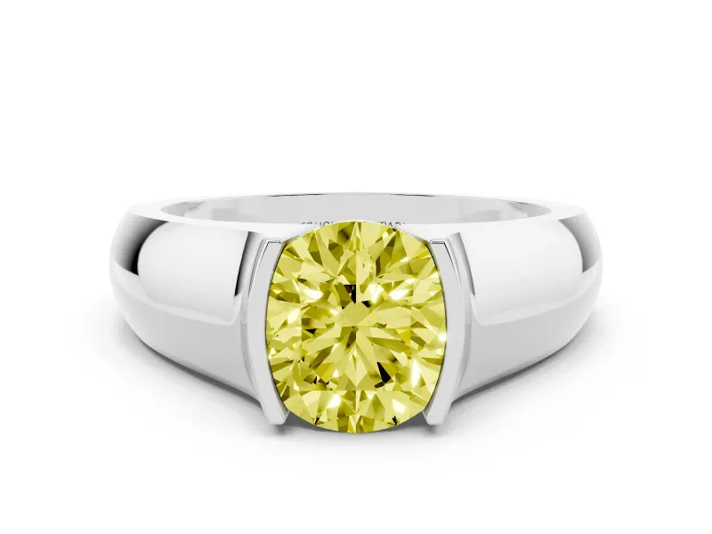 Fancy Yellow Round Cut Diamond Bezel Solitaire Ring Set in White gold with Wide Band