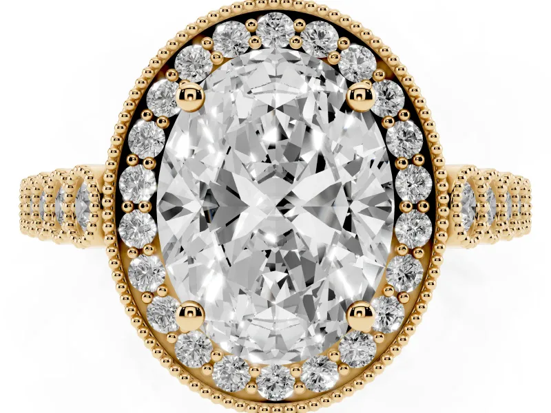 Oval Cut Diamond Milgrain Halo Solitaire Ring Set in Yellow gold with Bezel Set Side Stones and Pavé Band