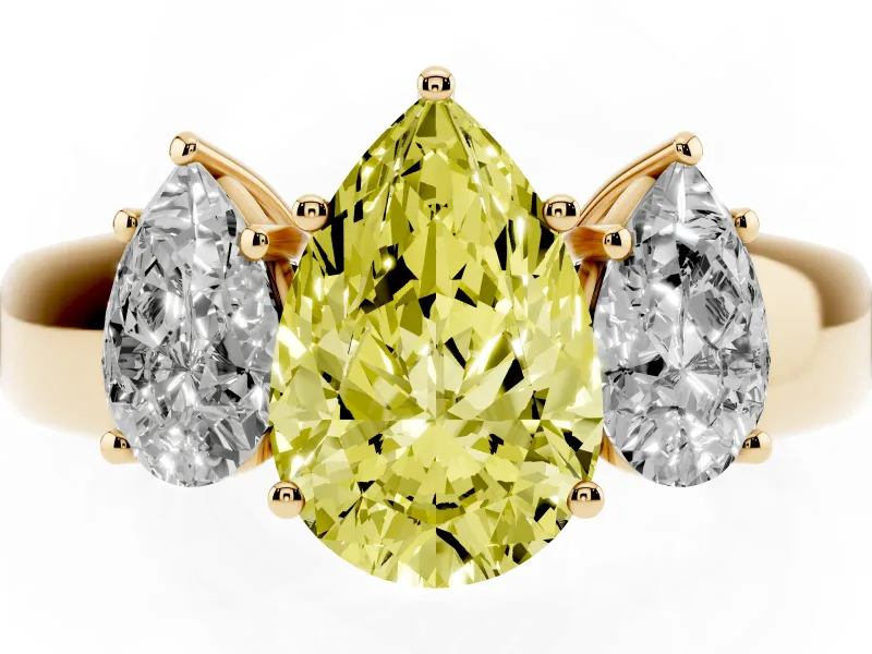 Fancy Yellow Three-Stone Pear Cut Diamond Ring Set in Yellow gold with Matching Prong Settings and Plain Band
