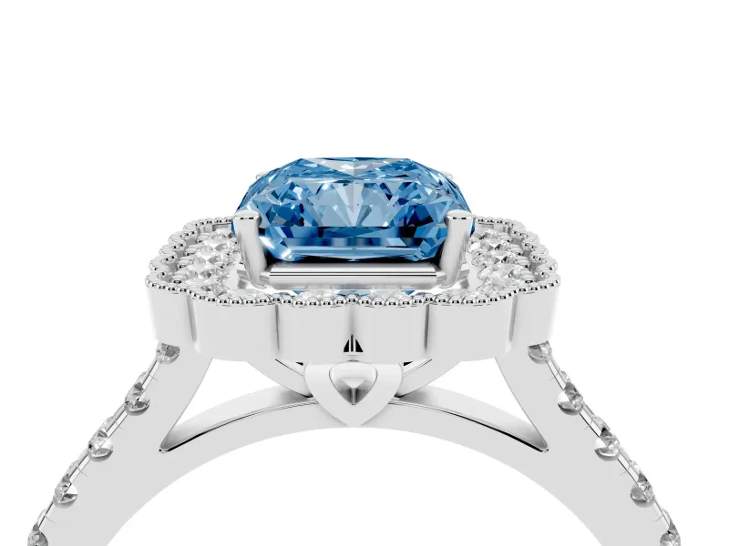 Fancy Blue Radiant Cut Diamond Milgrain Floral Halo Engagement Ring Set in Platinum with Pavé Band