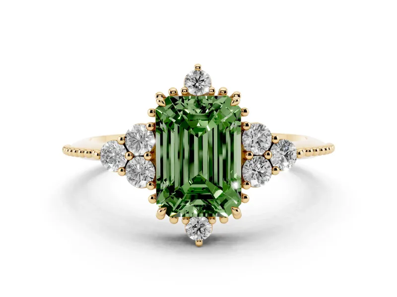Fancy Green Emerald Cut Diamond Cluster Ring Set in Yellow gold with Beaded Band