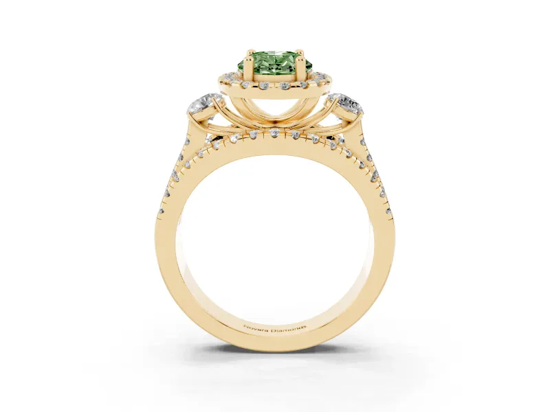 Oval Halo Split Shank Engagement Ring Setting for a Fancy Green Lab-Grown Diamond | Round Side Stones | Yellow Gold