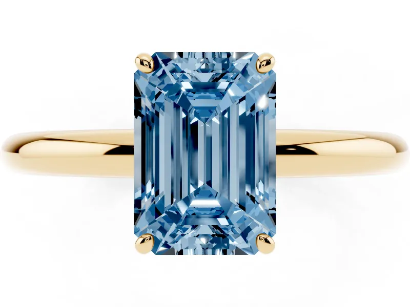 Emerald Cut Low Set Solitaire Engagement Ring Setting for a Fancy Blue Lab-Grown Diamond | Plain Band | Yellow Gold