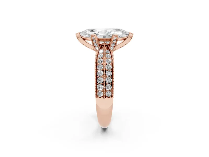 Marquise Cut Diamond Solitaire Ring Set in Rose gold with Milgrain Double Row Round Pavé Band