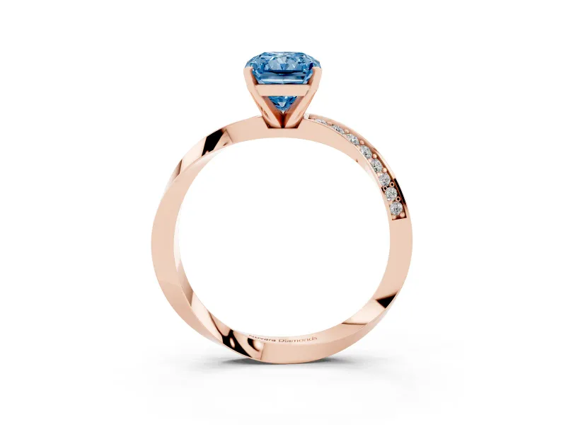 Fancy Blue Radiant Cut Diamond Engagement Ring Set in Rose gold with Side Stone Accents and Prong Setting