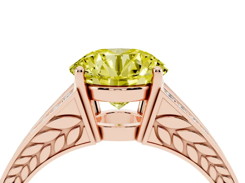 Fancy Yellow Round Cut Diamond Split Shank Ring Set in Rose gold with Pavé Band and Prong Setting
