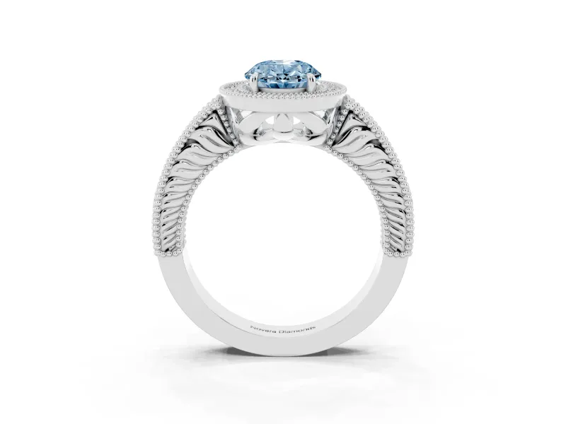 Fancy Blue Oval Cut Diamond Halo Ring Set in White gold with Round Accent Halo, Pavé Band and Prong Setting