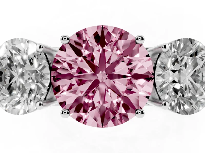 Round Engagement Ring Setting for a Fancy Pink Lab-Grown Diamond | Three Stone | White Gold