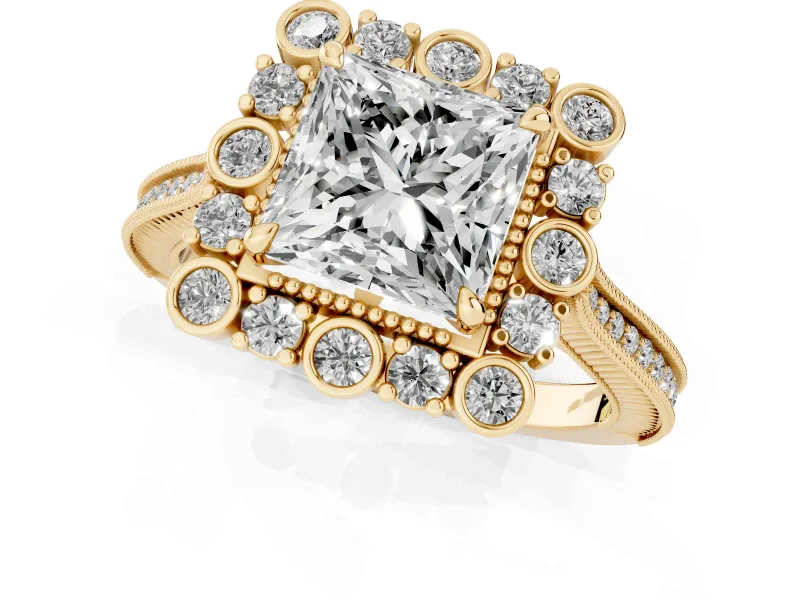 Princess Cut Vintage Scalloped Halo Engagement Ring Setting | Milgrain Pavé Band | Yellow Gold