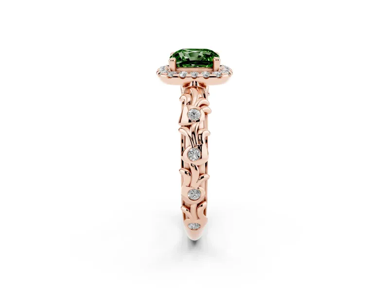 Cushion Cut Leaf Halo Engagement Ring Setting for a Fancy Green Lab-Grown Diamond | Bezel Accents | Rose Gold