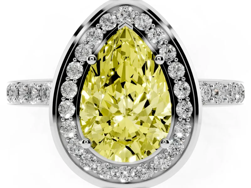 Fancy Yellow Pear Cut Diamond Halo Ring Set in Silver with Bezel Frame and Pavé Band