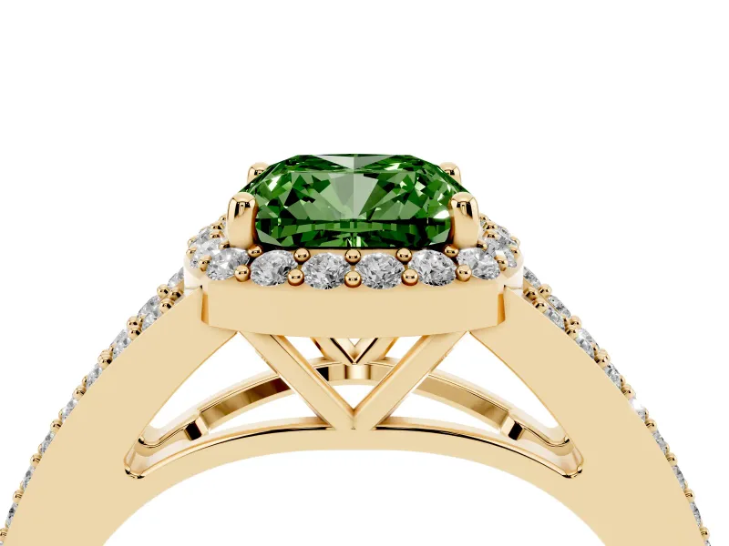 Cushion Cut Halo Engagement Ring Setting for a Fancy Green Lab-Grown Diamond | V-Split Pavé Band | Yellow Gold