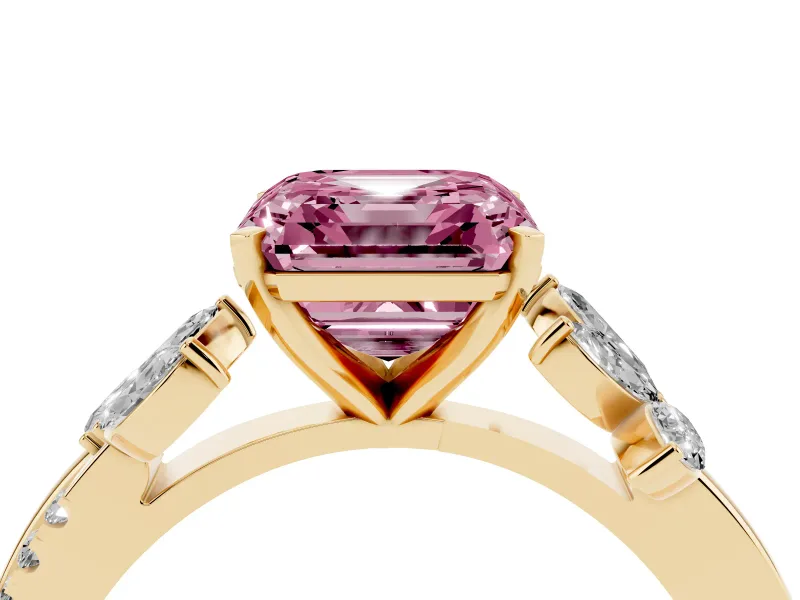 Fancy Pink Asscher Cut Diamond Floral Vine Solitaire Engagement Ring Set in Yellow gold with Marquise Leaves