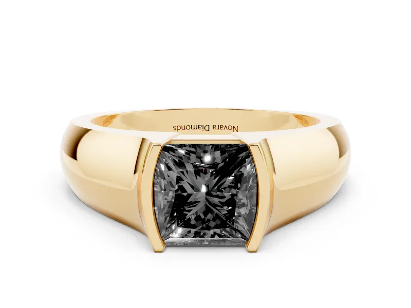 Fancy Black Princess Cut Diamond Bezel Solitaire Ring Set in Yellow gold with Wide Band
