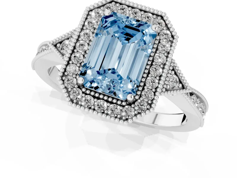 Fancy Blue Emerald Cut Diamond Halo Engagement Ring Set in Silver with Milgrain Pavé Band