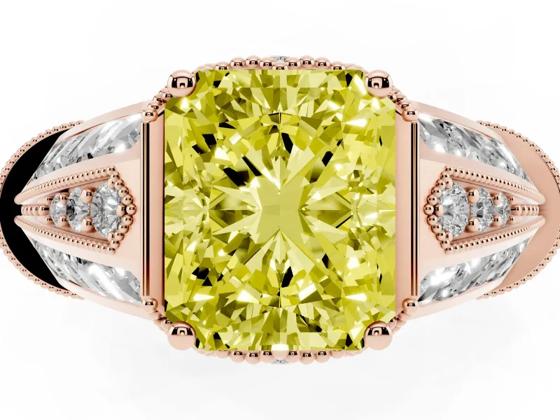Fancy Yellow Radiant Cut Diamond Vintage-Inspired Milgrain Ring Set in Rose gold with Accent Split Shank