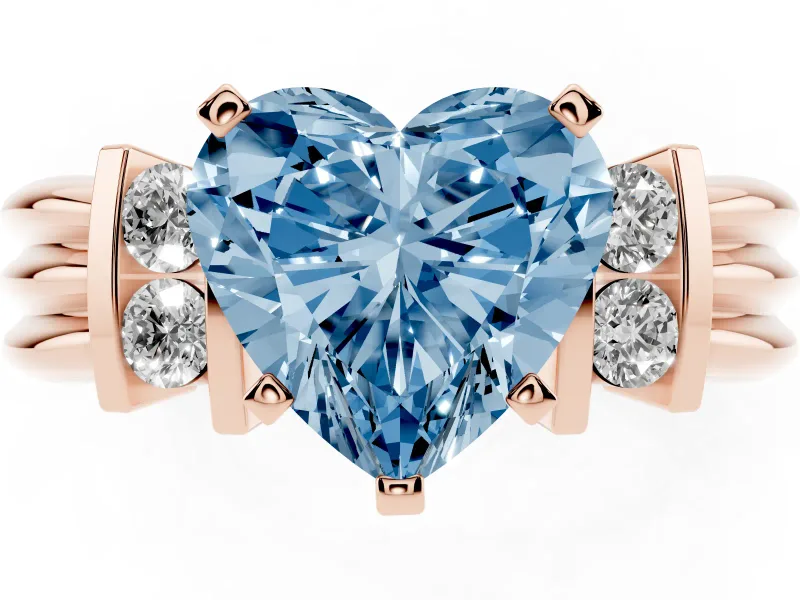 Fancy Blue Three-Stone Heart Cut Diamond Channel Set Ring Set in Rose gold with Bar Prongs