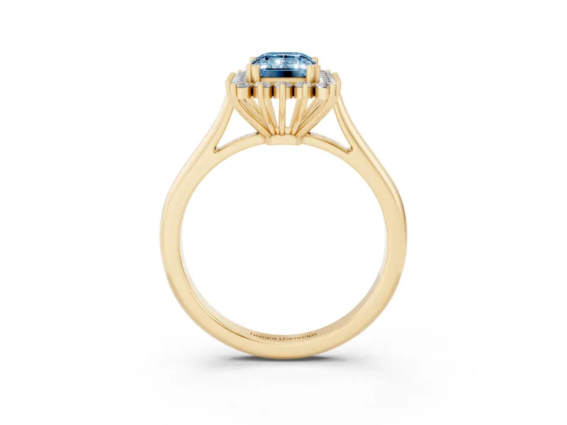 Fancy Blue Emerald Cut Diamond Halo Ring Set in Yellow gold with Plain Solitaire Band and Prong Setting