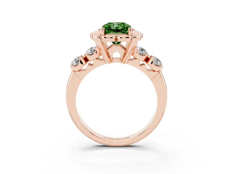 Fancy Green Radiant Cut Diamond Floral Halo Ring Set in Rose gold with Shared Prong Band